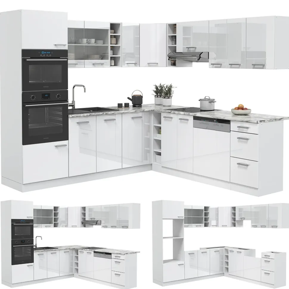 Vicco Eckküche R-Line, Küchenzeile in L-Form, Weiß Hochglanz/Weiß, 237 x 247 cm, AP Marmor