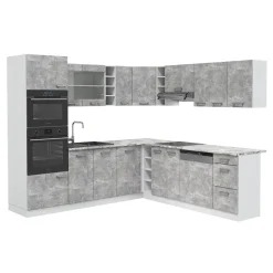 Vicco Eckküche R-Line, Küchenzeile in L-Form, Beton/Weiß, 237 x 247 cm, AP Marmor