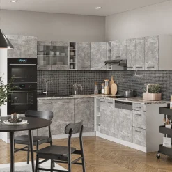 Vicco Eckküche R-Line, Küchenzeile in L-Form, Beton/Weiß, 237 x 247 cm, AP Marmor