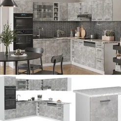 Vicco Eckküche R-Line, Küchenzeile in L-Form, Beton/Weiß, 237 x 247 cm, AP Marmor