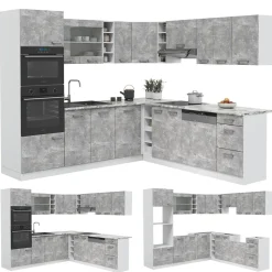 Vicco Eckküche R-Line, Küchenzeile in L-Form, Beton/Weiß, 237 x 247 cm, AP Marmor