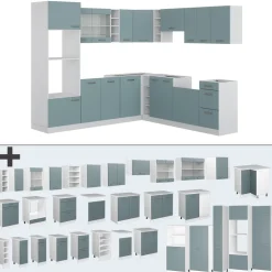 Vicco Eckküche R-Line, Küchenzeile in L-Form, Blau-Grau/Weiß, 237 x 247 cm ohne Arbeitsplatte