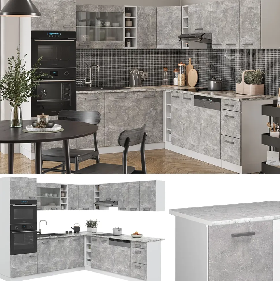 Vicco Eckküche R-Line, Küchenzeile in L-Form, Beton/Weiß, 237 x 247 cm ohne Arbeitsplatte