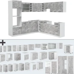 Vicco Eckküche R-Line, Küchenzeile in L-Form, Beton/Weiß, 237 x 247 cm ohne Arbeitsplatte