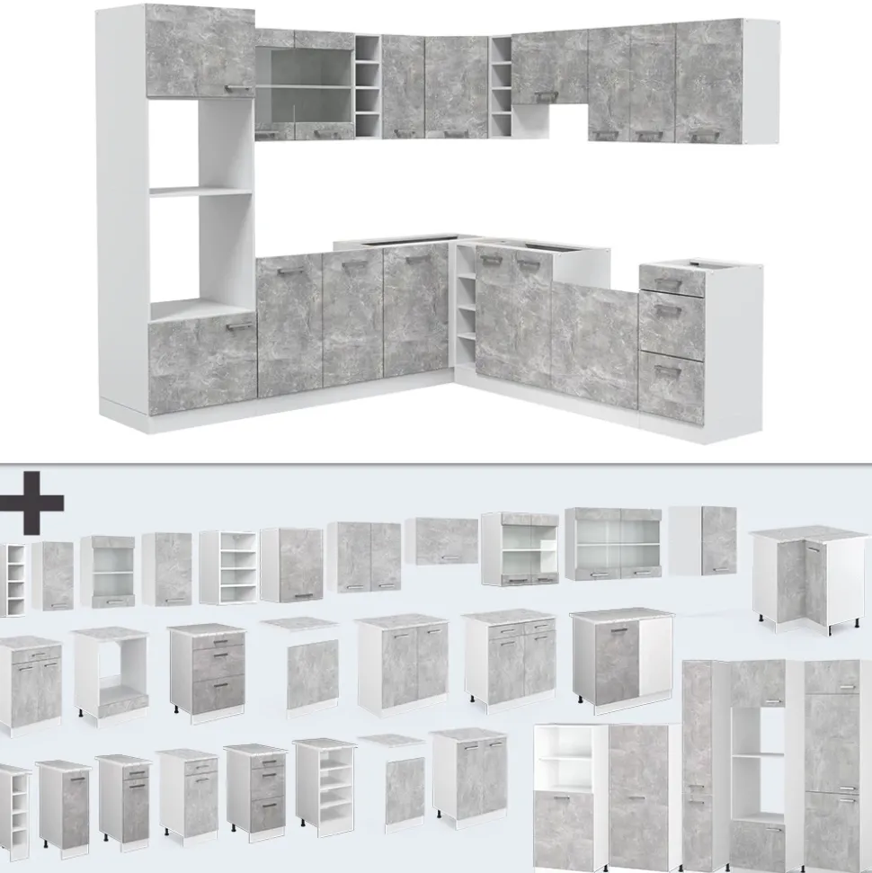 Vicco Eckküche R-Line, Küchenzeile in L-Form, Beton/Weiß, 237 x 247 cm ohne Arbeitsplatte