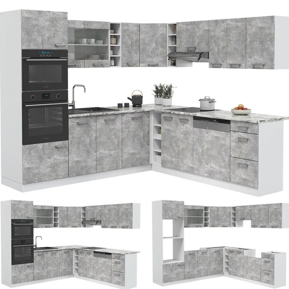 Vicco Eckküche R-Line, Küchenzeile in L-Form, Beton/Weiß, 237 x 247 cm ohne Arbeitsplatte