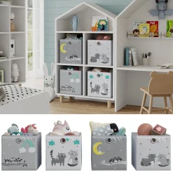 Vicco Faltbox, Regalbox für Kinder, Grau, 30 x 30 cm (Motiv Katzen & Vögel)