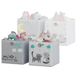 Vicco Faltbox, Regalbox für Kinder, Grau, 30 x 30 cm (Motiv Katzen & Vögel)