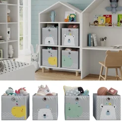 Vicco Faltbox, Regalbox für Kinder, Grau, 30 x 30 cm (Motiv Bär & Nilpferd)