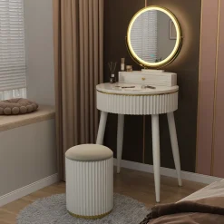 Vicco Frisiertisch Weiß Gesa 60x133x40 cm - LED-Spiegel, Runder Spiegel – gleichmäßige Ausleuchtung und klare Sicht