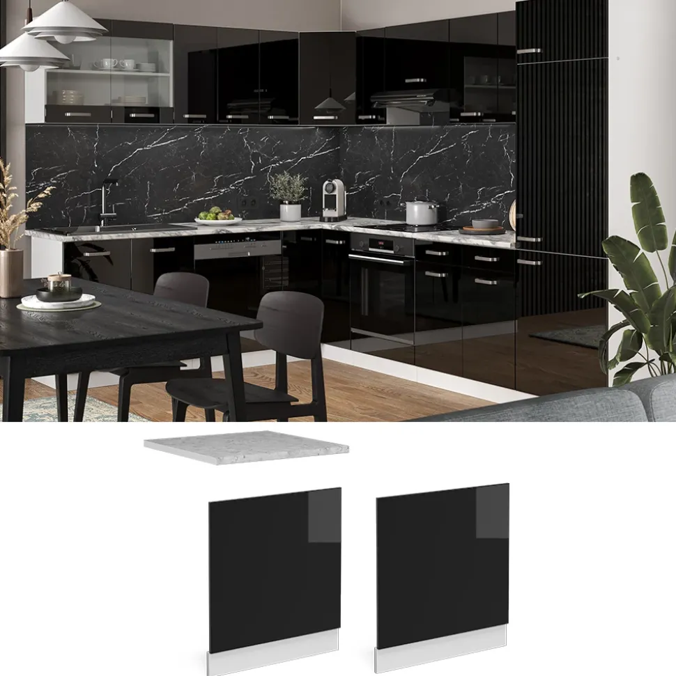 Vicco Frontblende R-Line, Geschirrspüler Fronttür, Schwarz Hochglanz/Weiß, 60 cm, AP Marmor