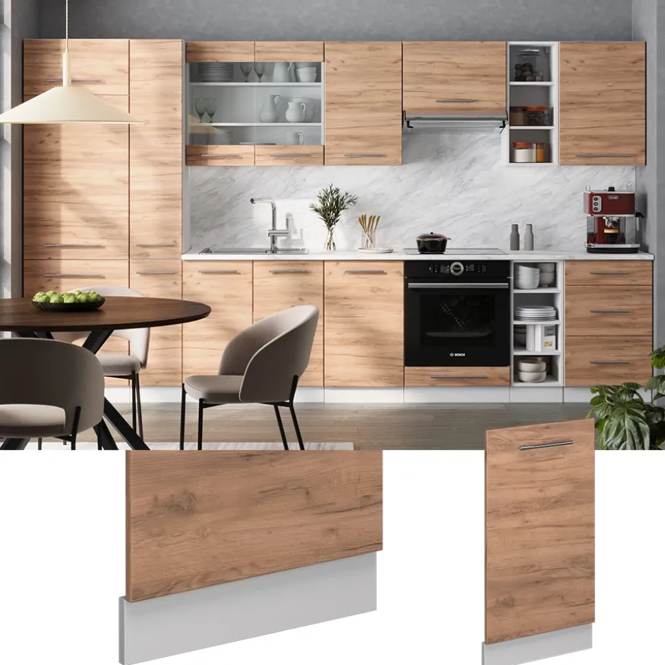 Vicco Geschirrspülblende Fame-Line, Geschirrspüler Fronttür, Goldkraft Eiche, 45 cm, AP Marmor