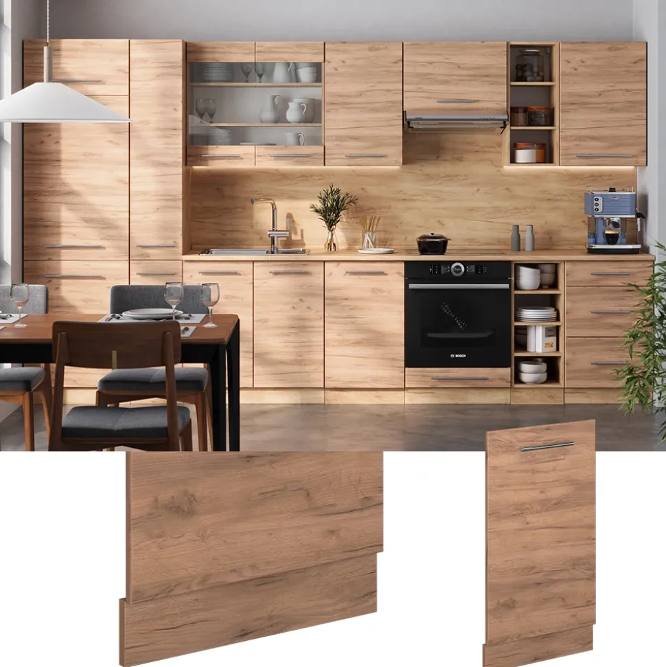 Vicco Geschirrspülblende Fame-Line, Geschirrspüler Fronttür, Goldkraft Eiche, 45 cm, AP Marmor