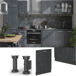 Vicco Geschirrspülblende R-Line, Geschirrspüler Fronttür, Schwarz Beton, 60 cm, AP Marmor