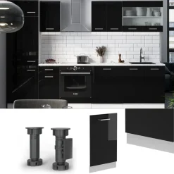 Vicco Geschirrspülblende R-Line, Geschirrspüler Fronttür, Schwarz Hochglanz, 45 cm, AP Marmor