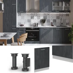 Vicco Geschirrspülblende R-Line, Geschirrspüler Fronttür, Schwarz Beton, 60 cm, AP Eiche