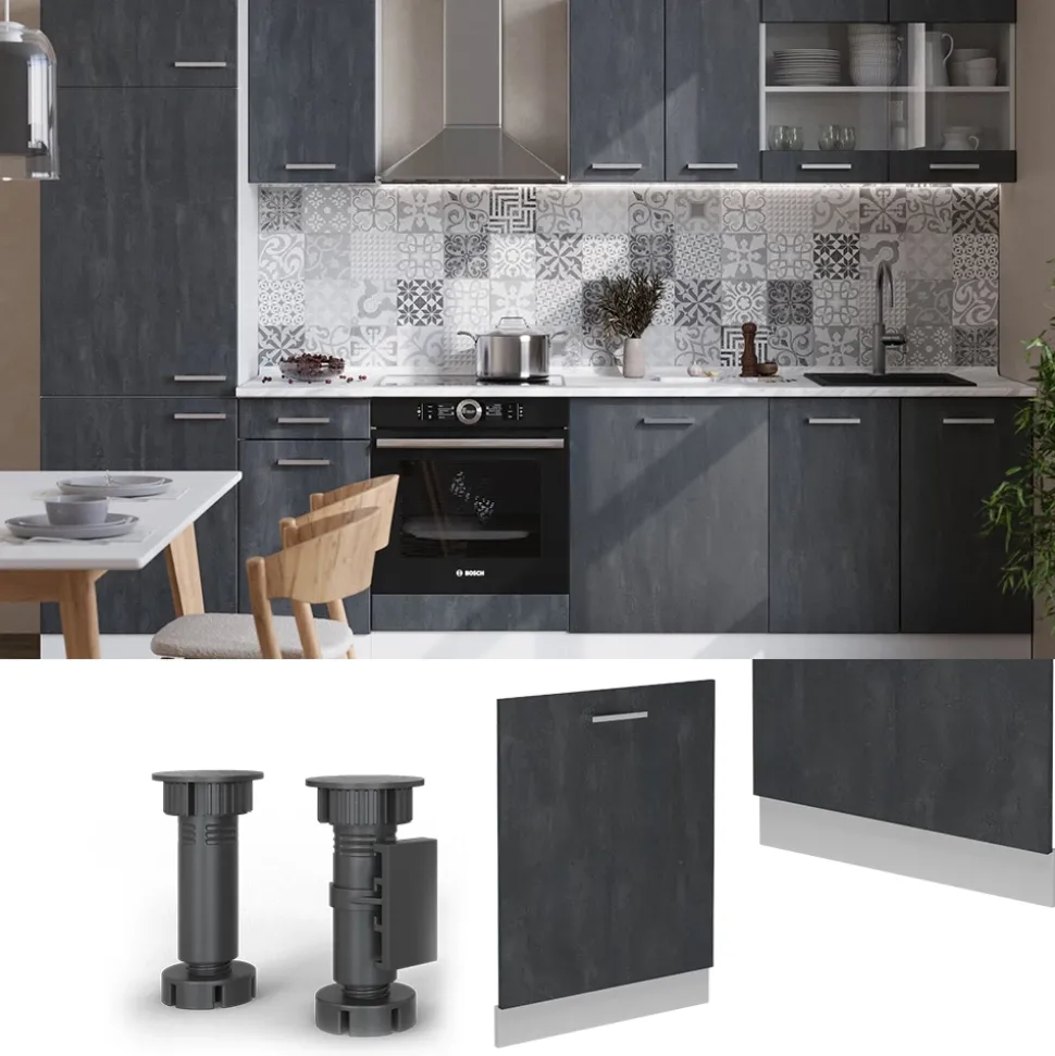 Vicco Geschirrspülblende R-Line, Geschirrspüler Fronttür, Schwarz Beton, 60 cm, AP Eiche