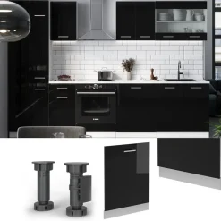 Vicco Geschirrspülblende R-Line, Geschirrspüler Fronttür, Schwarz Hochglanz, 60 cm, AP Eiche