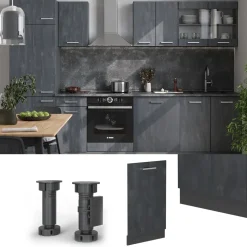 Vicco Geschirrspülblende R-Line, Geschirrspüler Fronttür, Schwarz Beton, 45 cm, AP Eiche