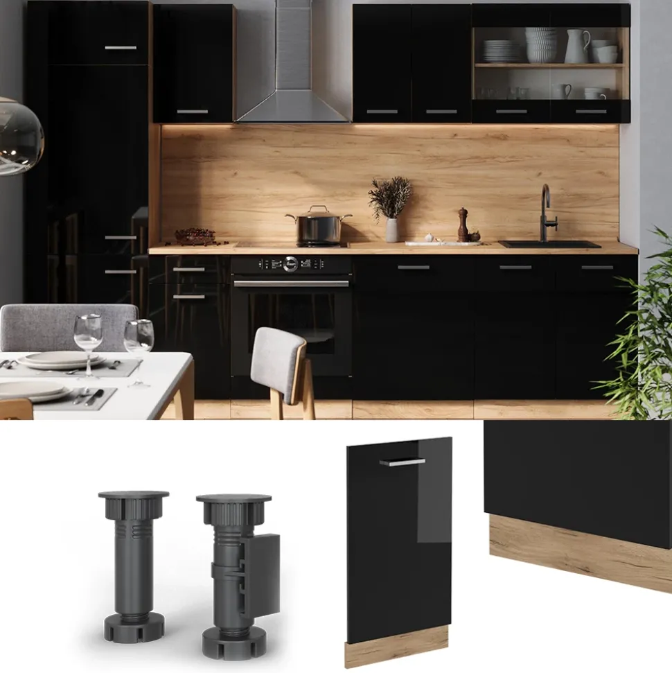 Vicco Geschirrspülblende R-Line, Geschirrspüler Fronttür, Schwarz Hochglanz, 45 cm, AP Eiche