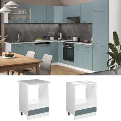 Vicco Herdumbauschrank R-Line, Herdschrank, Blau-Grau/Weiß, 60 cm, AP Marmor