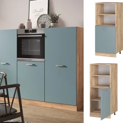 Vicco Herdumbauschrank R-Line, Herdschrank, Blau-Grau/Goldkraft Eiche, 60 cm