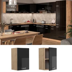 Vicco Hängeschrank R-Line, hängender Küchenschrank, Schwarz Hochglanz/Goldkraft Eiche, 40 cm