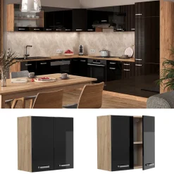 Vicco Hängeschrank R-Line, hängender Küchenschrank, Schwarz Hochglanz/Goldkraft Eiche, 60 cm