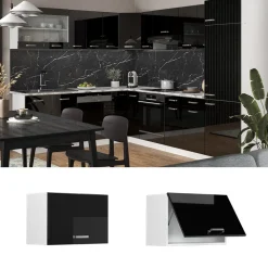 Vicco Hängeschrank R-Line, hängender Küchenschrank, Schwarz Hochglanz/Weiß, 60 cm Flach