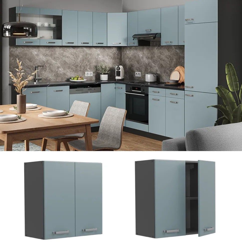 Vicco Hängeschrank R-Line, hängender Küchenschrank, Blau-Grau/Anthrazit, 60 cm