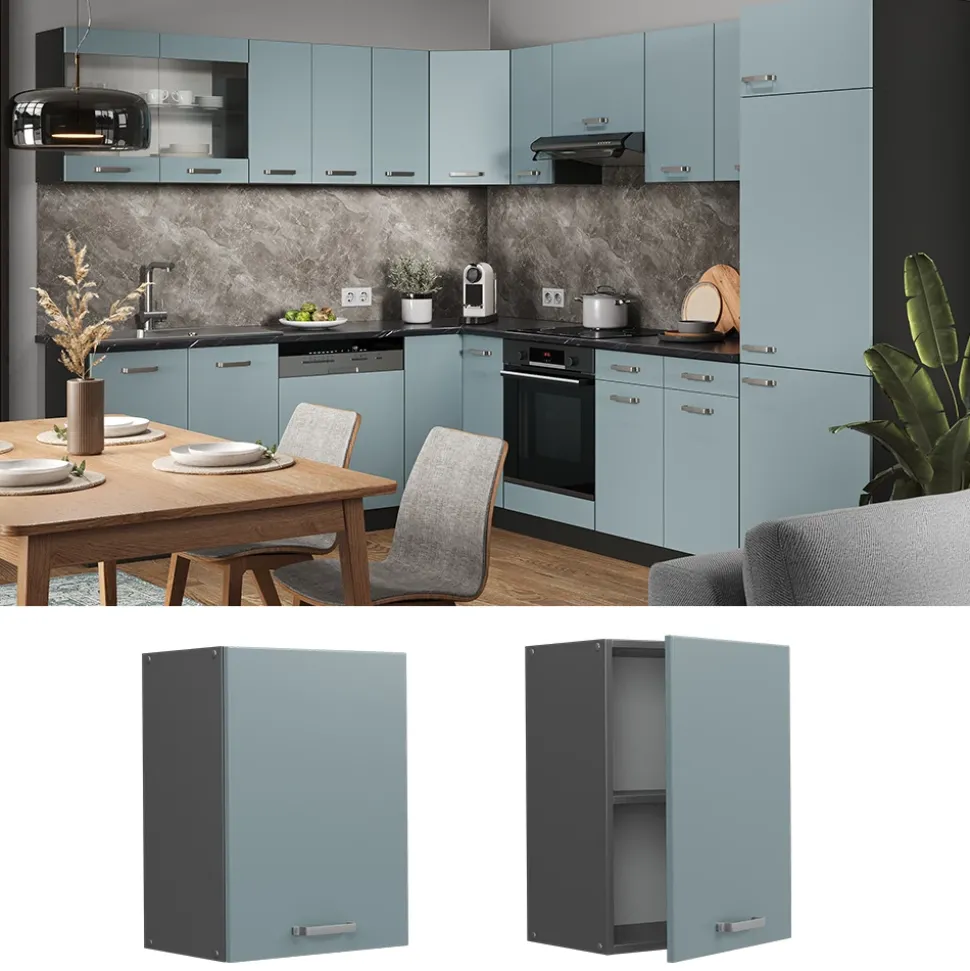 Vicco Hängeschrank R-Line, hängender Küchenschrank, Blau-Grau/Anthrazit, 45 cm