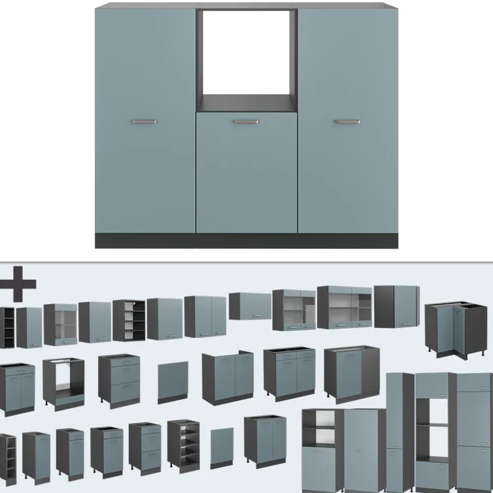 Vicco Küchenblock "R-Line", Blau-Grau/Anthrazit, 180 cm ohne Arbeitsplatte