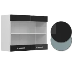 Vicco Küchenglasschrank R-Line, Glashängeschrank, Schwarz Hochglanz/Weiß, 80 cm