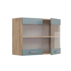 Vicco Küchenglasschrank R-Line, Glashängeschrank, Blau-Grau/Goldkraft Eiche, 80 cm