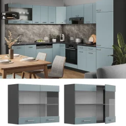 Vicco Küchenglasschrank R-Line, Glashängeschrank, Blau-Grau/Anthrazit, 80 cm