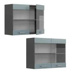 Vicco Küchenglasschrank R-Line, Glashängeschrank, Blau-Grau/Anthrazit, 80 cm