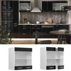 Vicco Küchenglasschrank R-Line, Glashängeschrank, Schwarz Hochglanz/Weiß, 60 cm