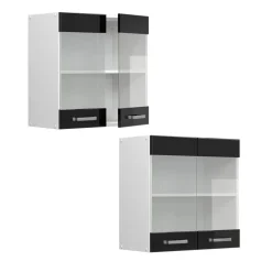 Vicco Küchenglasschrank R-Line, Glashängeschrank, Schwarz Hochglanz/Weiß, 60 cm