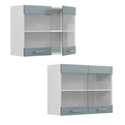 Vicco Küchenglasschrank R-Line, Glashängeschrank, Blau-Grau/Weiß, 80 cm