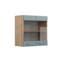 Vicco Küchenglasschrank R-Line, Glashängeschrank, Blau-Grau/Goldkraft Eiche, 60 cm
