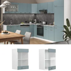 Vicco Küchenglasschrank R-Line, Glashängeschrank, Blau-Grau/Weiß, 40 cm