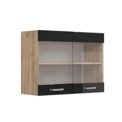 Vicco Küchenglasschrank "R-Line", Schwarz Hochglanz/Goldkraft Eiche, 80 cm