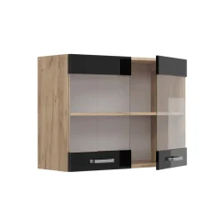 Vicco Küchenglasschrank "R-Line", Schwarz Hochglanz/Goldkraft Eiche, 80 cm