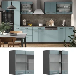 Vicco Küchenglasschrank R-Line, Glashängeschrank, Blau-Grau/Anthrazit, 60 cm