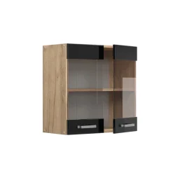 Vicco Küchenglasschrank "R-Line", Schwarz Hochglanz/Goldkraft Eiche, 60 cm