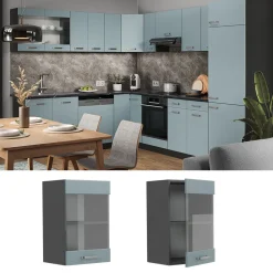 Vicco Küchenglasschrank R-Line, Glashängeschrank, Blau-Grau/Anthrazit, 40 cm