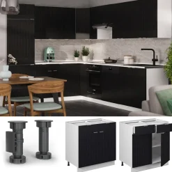 Vicco Küchenunterschrank Fame-Line, Schubladenschrank für die Küche, Schwarz gestreift, 80 cm, AP Eiche