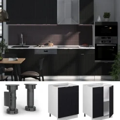 Vicco Küchenunterschrank Fame-Line, Küchenkommode, Schwarz gestreift, 60 cm, AP Eiche