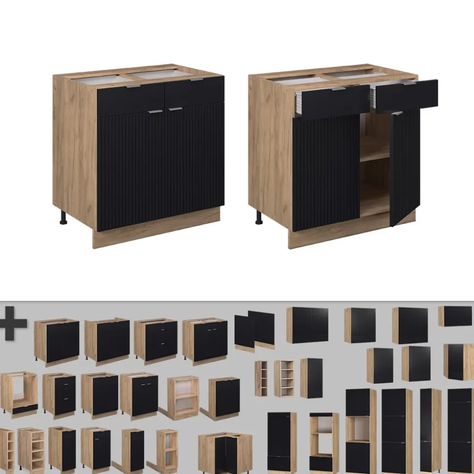 Vicco Küchenunterschrank Fame-Line, Schubladenschrank für die Küche, Schwarz gestreift, 80 cm, AP Eiche