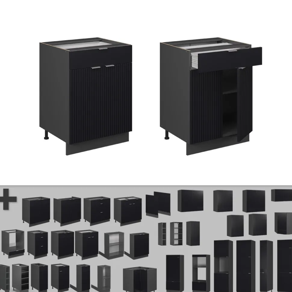 Vicco Küchenunterschrank "Fame-Line", Schwarz gestreift, 60 cm mit Schublade, AP Marmor